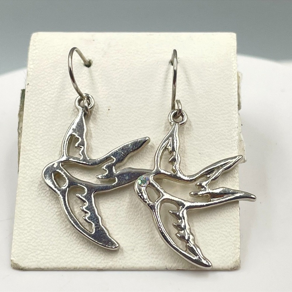 Fashion Silver Tone Faceted Iridescent Rhinestone Bead Swallow Drop Hook Earring